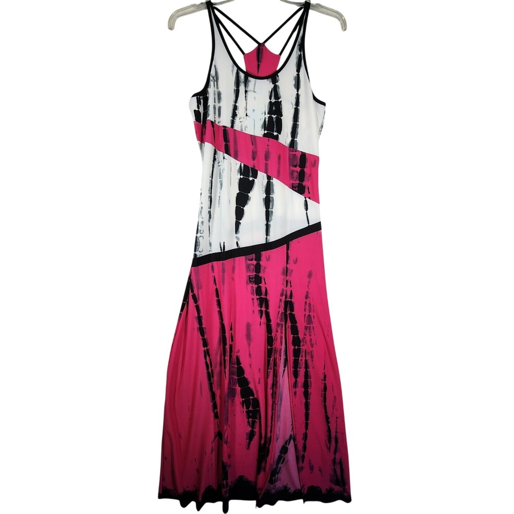 Womens L Pink Black White Tie Dye Strappy Maxi Dress Y2K Party Festival Rave NWT